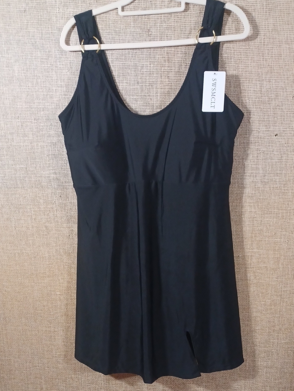 Black Swimdress with SWMSCLT Tag and Ring-Style Straps